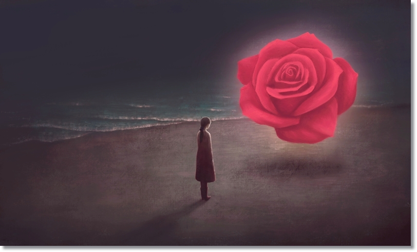 Surreal,Scene,Of,Young,Woman,With,Giant,Red,Rose,On