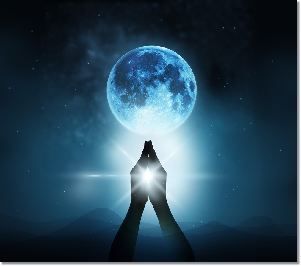 Respect,And,Pray,On,Blue,Full,Moon,With,Nature,Background,