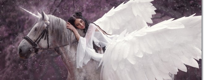 Beautiful,,Young,Elf,,Walking,With,A,Unicorn.,She,Is,Wearing