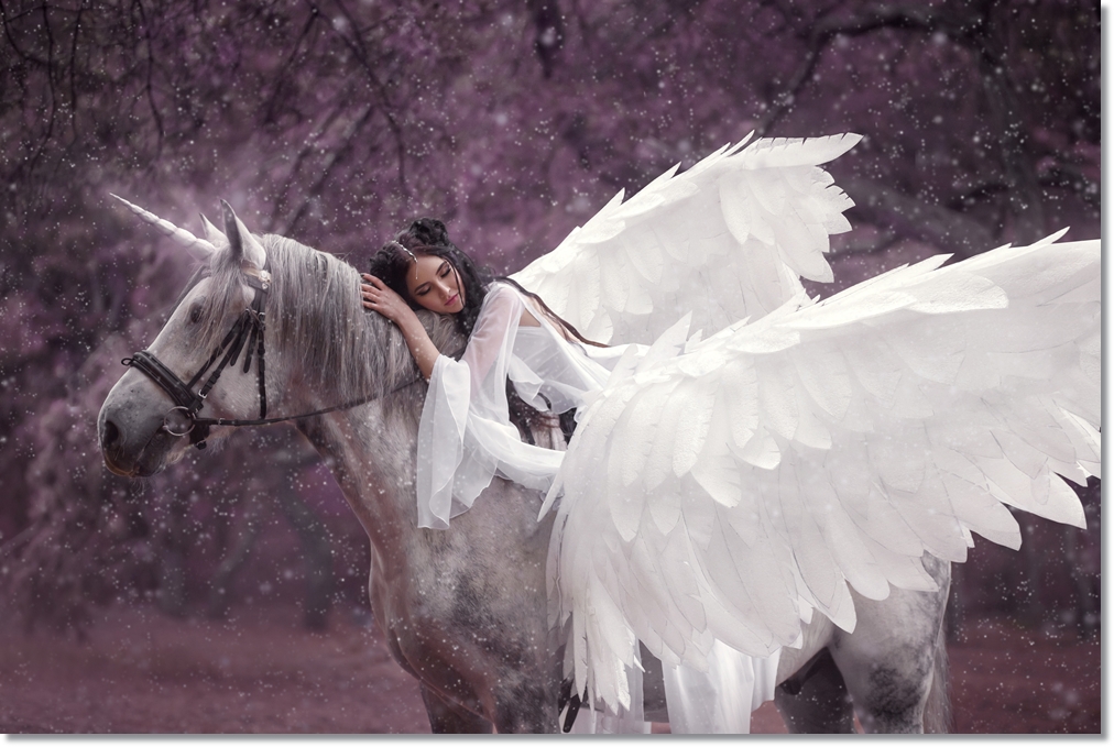 Beautiful,,Young,Elf,,Walking,With,A,Unicorn.,She,Is,Wearing
