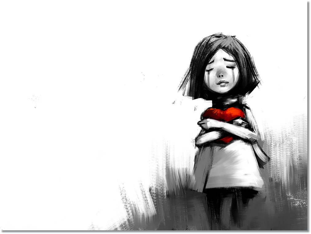 Digital,Painting,Of,Girl,Crying,With,Red,Heart,,Acrylic,Sketched