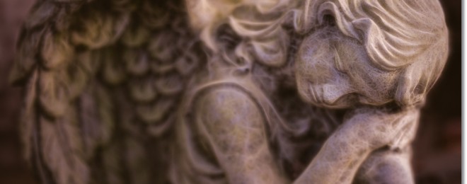 Digital,Art,Angel,Statue,Glowing,Bronze,,Head,Bent,Resting,On