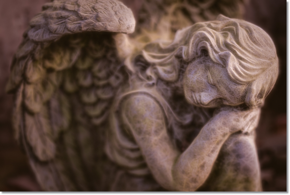 Digital,Art,Angel,Statue,Glowing,Bronze,,Head,Bent,Resting,On
