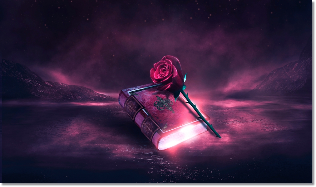 Fantasy,Magic,Dark,Red,Background,,Night,Landscape,,Red,Rose,And